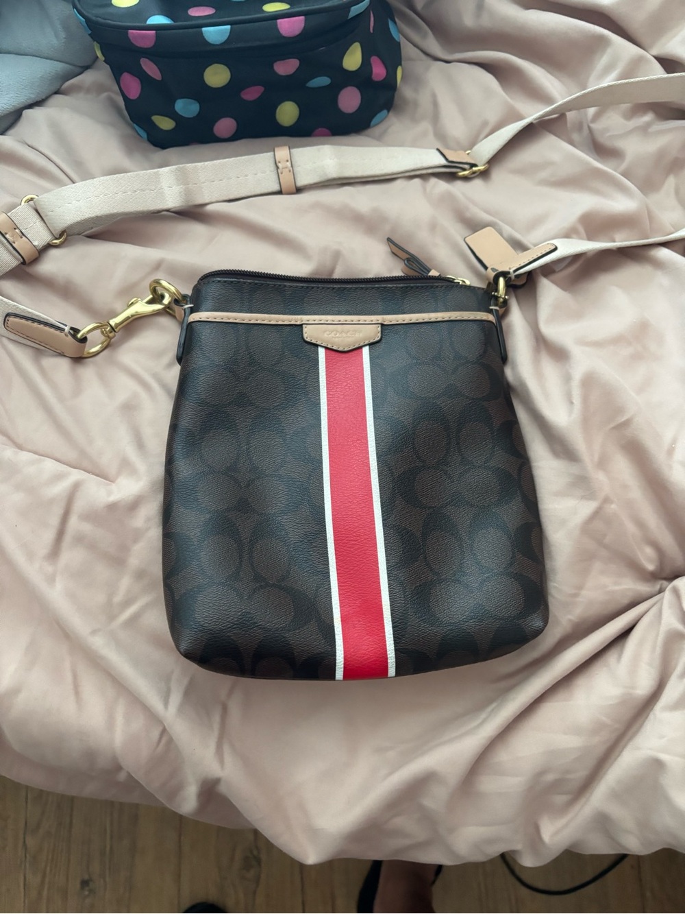 Brown Crossbody Bag with Red Stripe